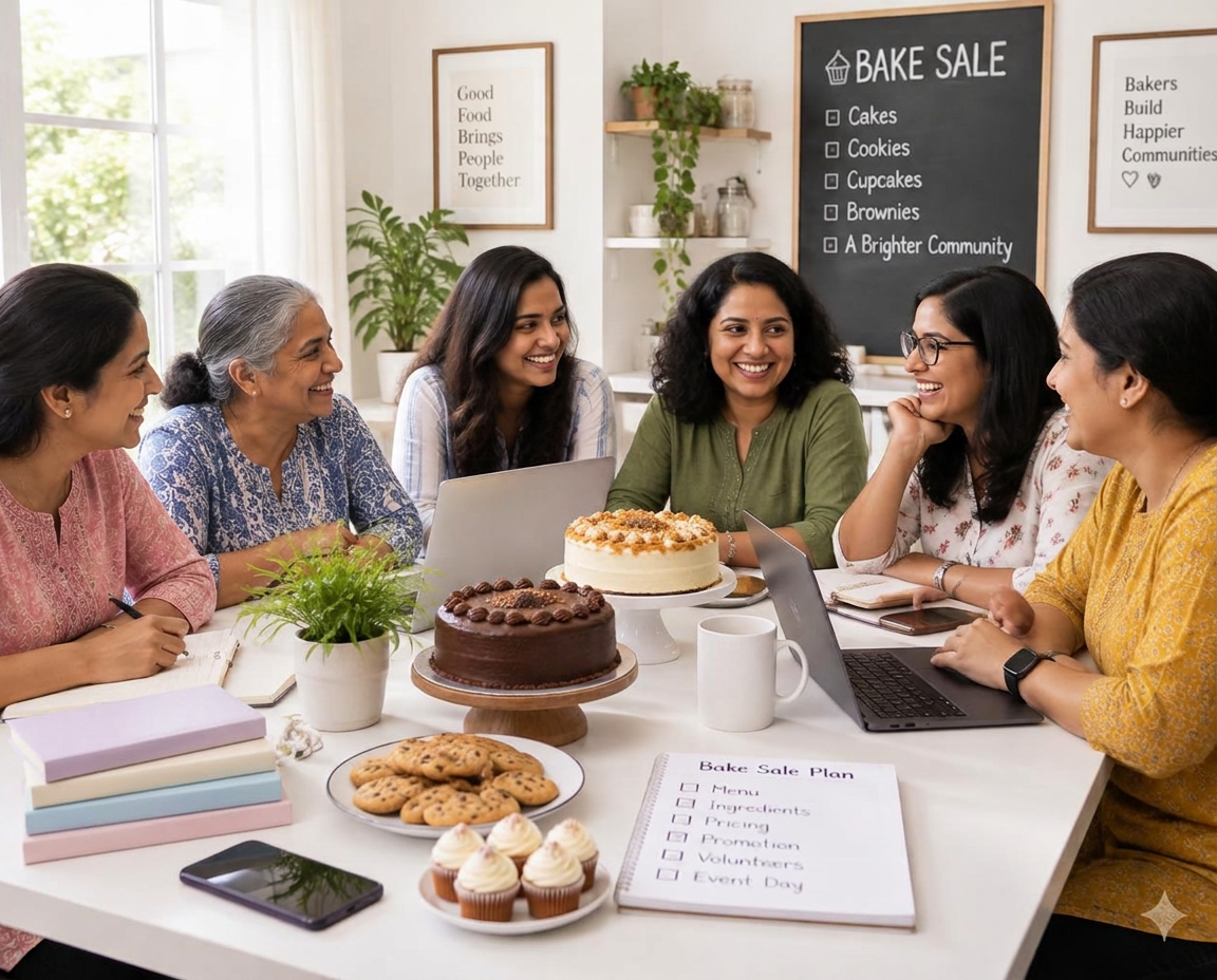Six Indian women home bakers of different ages around a table, planning a bake sale together as friends