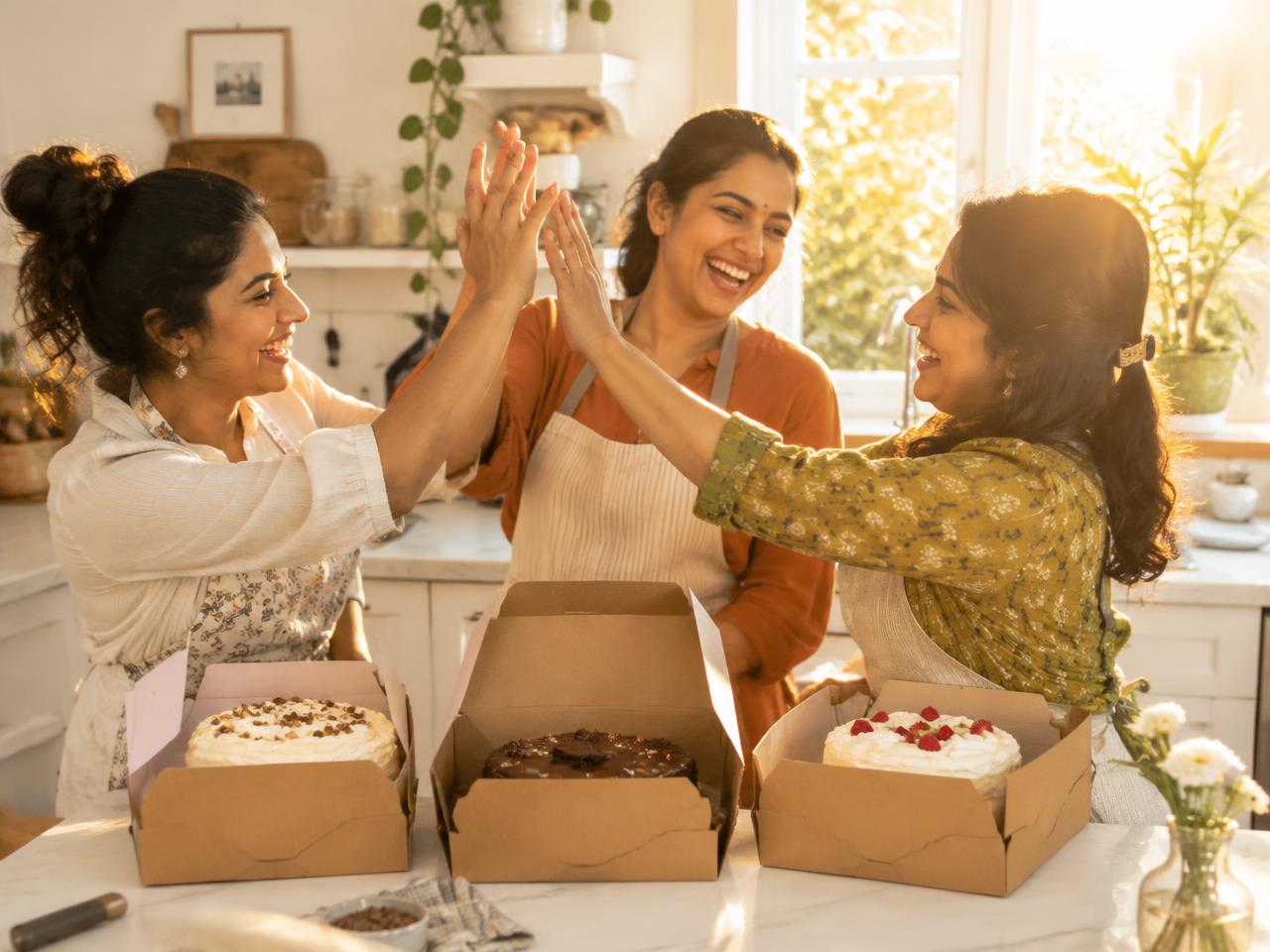 Three Indian home bakery owners high-fiving in a sunlit kitchen, each with her own cake box