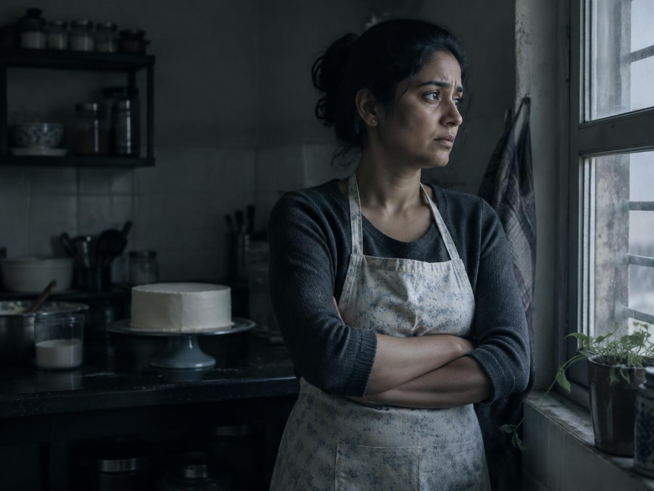 A lone baker standing with arms crossed in a dim kitchen, worried