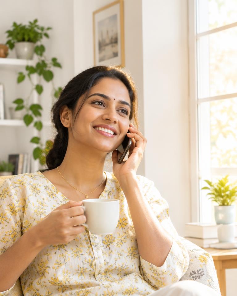 A woman smiling warmly on a phone call with a cup of chai