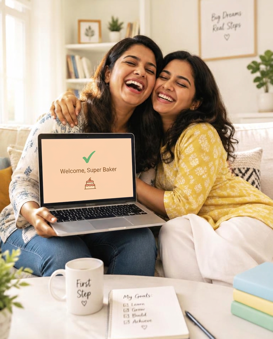 Two friends hugging and laughing as one shows she has joined the Super Baker program on her laptop